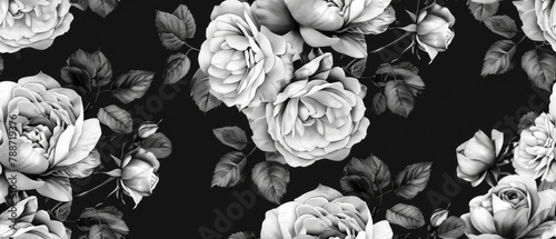 vintage black and white wallpaper of roses and leaves