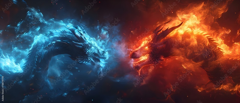 Ice and Fire Dragons' Aerial Duel. Concept Fantasy, Dragons, Aerial Combat, Battle, Mythical Creatures