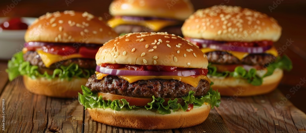 Cheeseburgers that are handcrafted placed on a wooden table Cheeseburgers that are handcrafted placed on a wooden table