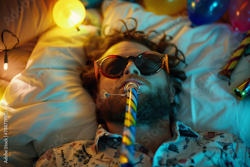 Drunk man sleeping with party horn blower in his mouth photo