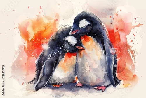 Two Snuggly Penguin Chicks in Minimalist Watercolor Illustration Generative AI photo
