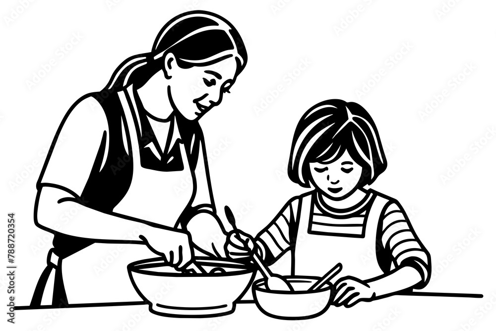 A mother helping her child build a sandcastle at the beach, illustrated in continuous line art vector silhouette A mother helping her child build a sandcastle at the beach, illustrated in continuous line art vector silhouette