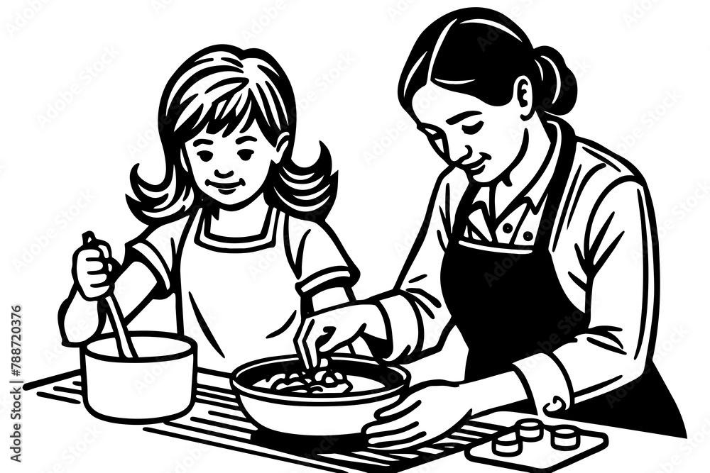 A mother helping her child build a sandcastle at the beach, illustrated in continuous line art vector silhouette A mother helping her child build a sandcastle at the beach, illustrated in continuous line art vector silhouette