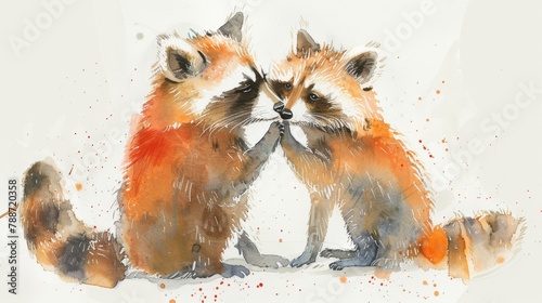 Romantic Watercolor Raccoons Cuddling With Love Generative AI