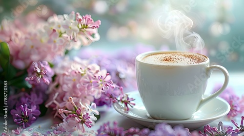 Embrace the Mother s Day vibe with a delightful morning scene of a white cup filled with steaming coffee or frothy cappuccino set against a backdrop of dainty pink purple and lilac flowers  photo