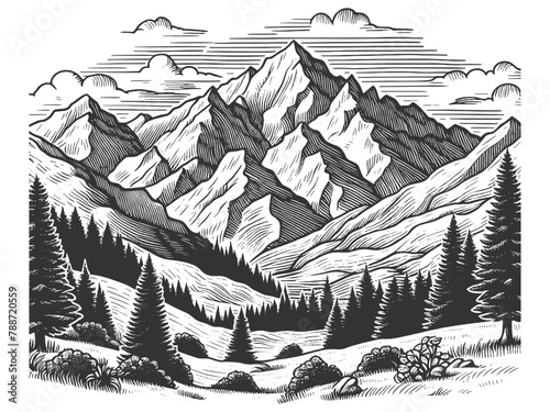 majestic mountain landscape with a dense pine forest in the foreground sketch engraving generative ai fictional character vector illustration. Scratch board imitation. Black and white image.