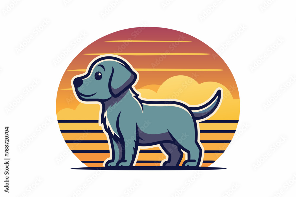 T- shirt design for cute puppy watching sunset vector illustration, bold line art, illustration, sticker on white background