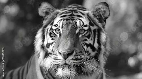  A crisp black-and-white image of a tiger's focused face, juxtaposed against a softly blurred backdrop of tree trunks and leaves