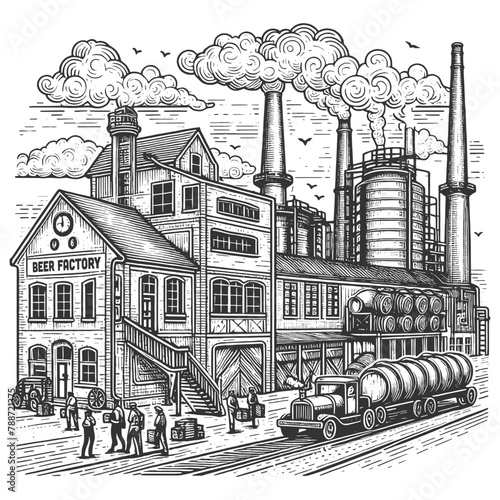 bustling vintage industrial beer factory with smokestacks, suggesting the energy of early industry sketch engraving generative ai vector illustration. Scratch board imitation. Black and white image.