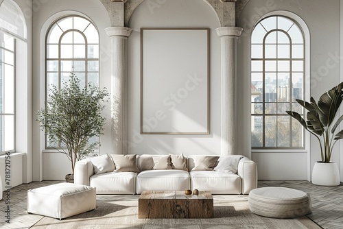 Stylish mockup featuring a living room with blank frame, high ceilings, minimalist decor, large windows © AIDigitalart