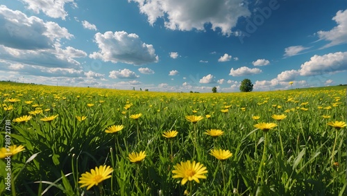 Beautiful meadow field with fresh grass and yellow dandelion flowers in nature against a blurry blue sky with clouds. Summer spring perfect natural landscape.