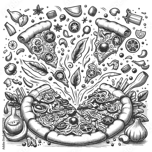 exploding pizza with a variety of toppings and ingredients flying around perfect for food enthusiasts sketch engraving generative ai vector illustration. Scratch board imitation. Black and white image