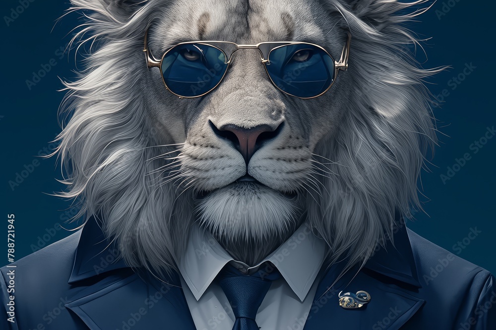 A lion wearing a suit and tie with sunglasses, portrait  - obrazy, fototapety, plakaty 