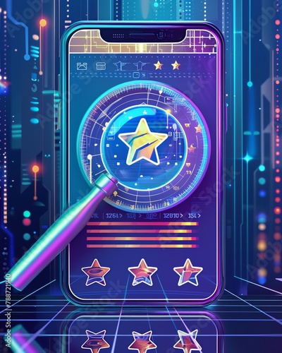 A digital screen displaying a magnifying glass over a fivestar rating, signifying the importance of quality evaluation in consumer feedback photo