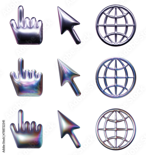 Retro web icons in three-dimensional Y2K holographic chrome styles isolated on transparent background. 3D rendering photo