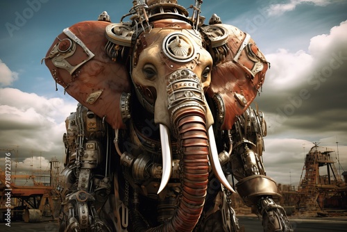Retro-futuristic Steampunk elephant steam. Metallic travel. Generate Ai photo