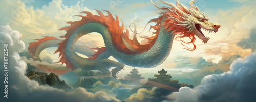 Fiery orange dragon amidst mystical clouds