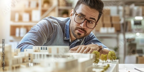 Biracial male architect working on a building model at office. Generative AI.