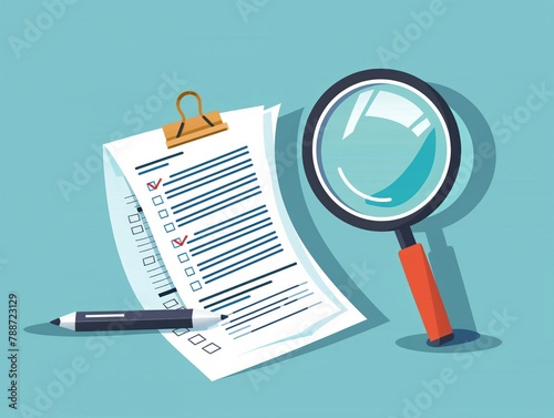 A document under scrutiny, with a magnifying glass highlighting items on a checklist, representing the rigor of business analysis