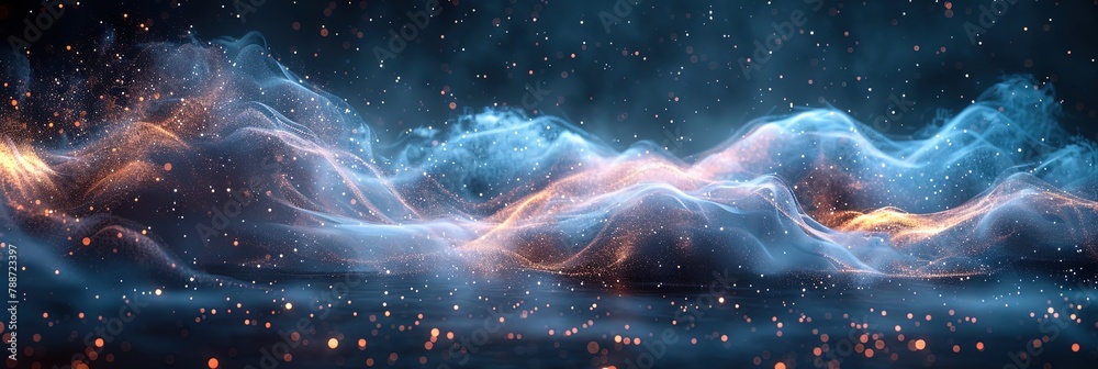 Digital manipulation: luminous sound waves intertwine with airborne dust, creating moveme