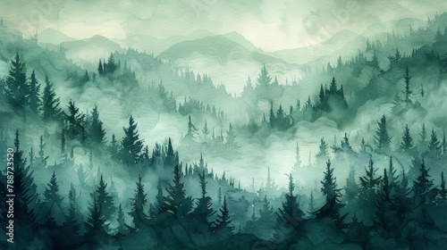 Atmospheric Pine Forest Watercolor Greeting Card in Layered Dark Green Landscape Generative AI photo