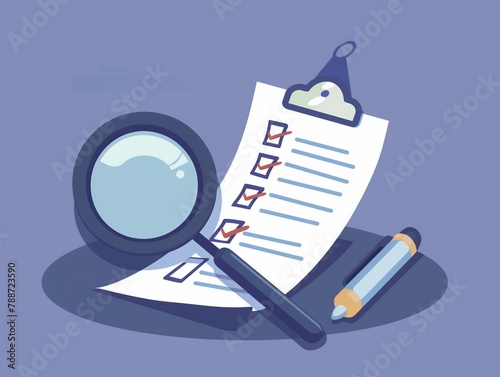 A document under scrutiny, with a magnifying glass highlighting items on a checklist, representing the rigor of business analysis