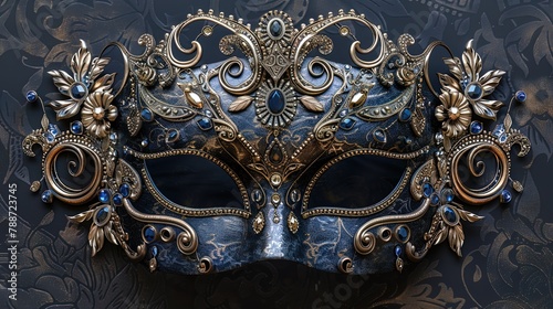 An exquisite masquerade mask crafted with intricate lacework and shimmering jewels, adding an a photo