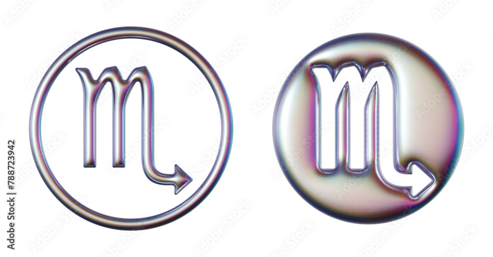 Scorpio zodiac symbol in three-dimensional Y2K holographic chrome styles isolated on transparent background. 3D rendering Scorpio zodiac symbol in three-dimensional Y2K holographic chrome styles isolated on transparent background. 3D rendering