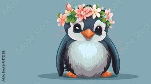 Whimsical Penguin Chick with Floral Headpiece Generative AI