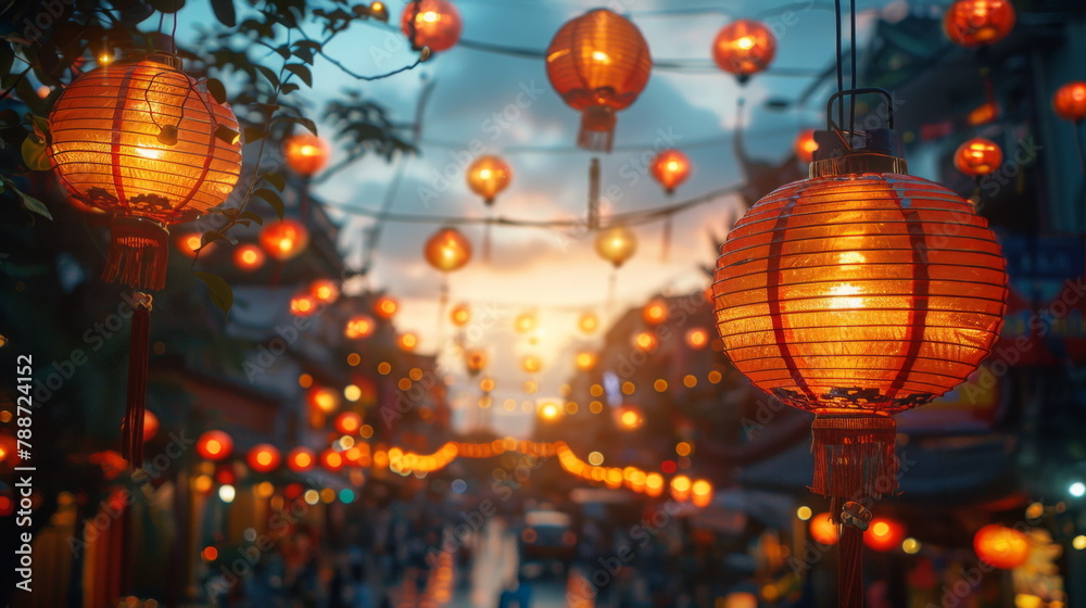 Evening Glow of Red Lanterns Adorning a Bustling Street Evening Glow of Red Lanterns Adorning a Bustling Street