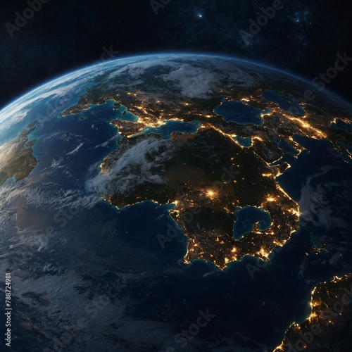 Night of Planet Earth globe from space view with city light of each countries on land and sunlight  Galaxy and space concept