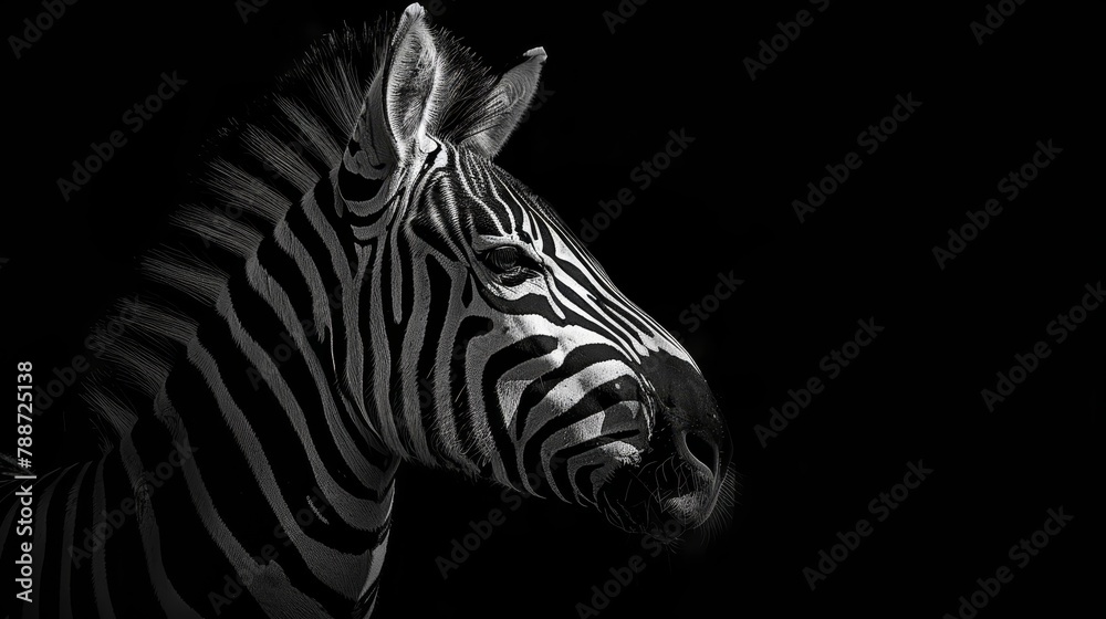 Fototapeta premium A black-and-white image of a zebra with its head turned to one side
