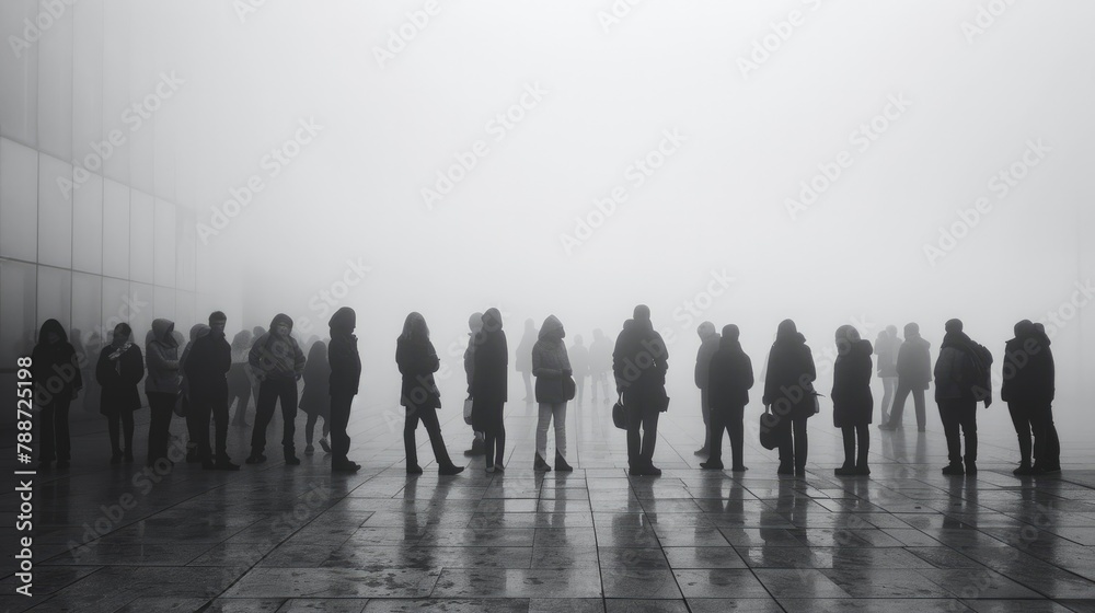 silhouettes and shadows of people waiting in queue that disappears into grey fog and black and white picture