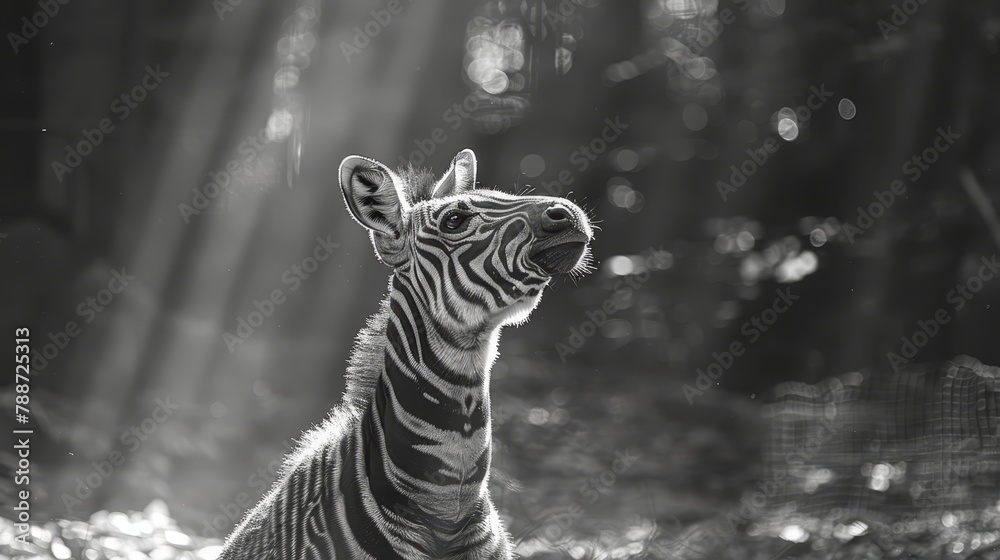 Naklejka premium A black-and-white image of a zebra with its mouth agape and head tilted sideways