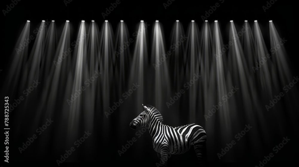 Naklejka premium A black-and-white image of a zebra against a line of spotlights on a black backdrop