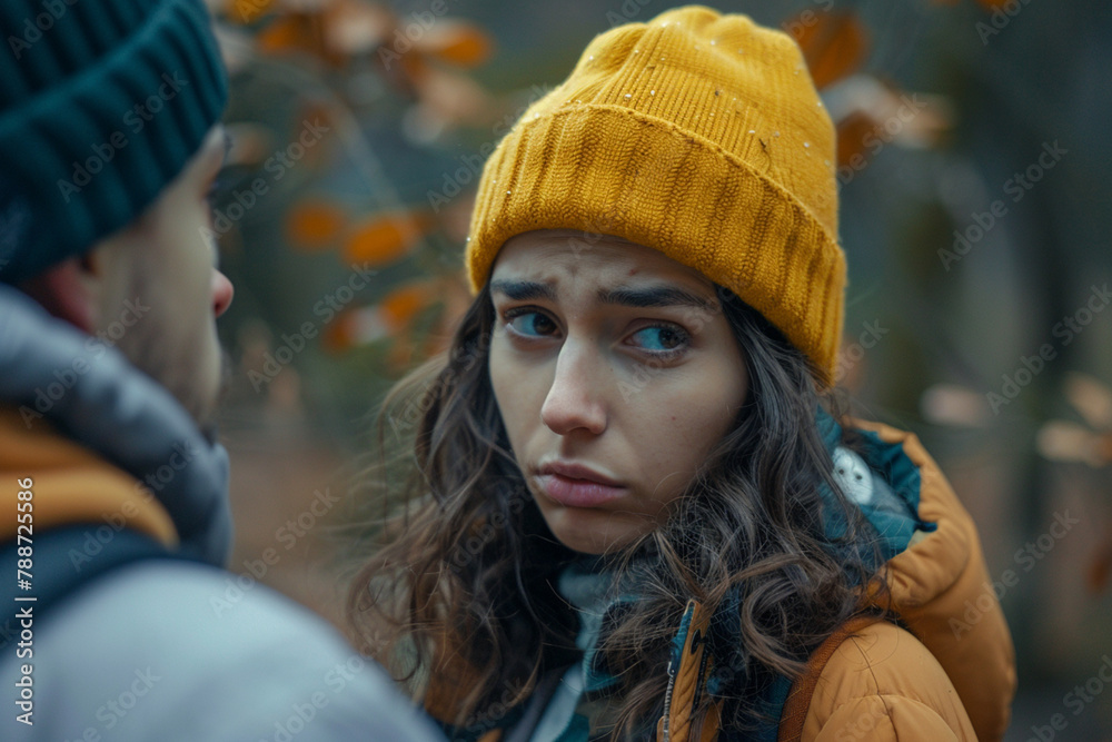 Portrait of unhappy girl getting rid of unwelcome stranger outdoors Portrait of unhappy girl getting rid of unwelcome stranger outdoors