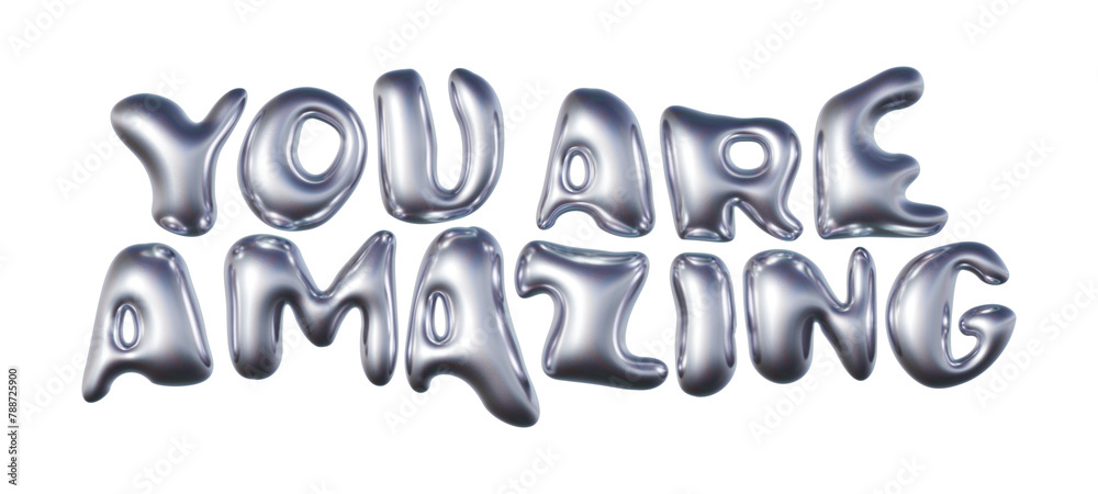 Fototapeta premium You Are Amazing written in three-dimensional Y2K glossy chrome blob lettering isolated on transparent background. 3D rendering