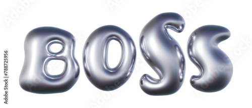 Word Boss written in three-dimensional Y2K glossy chrome blob lettering isolated on transparent background. 3D rendering