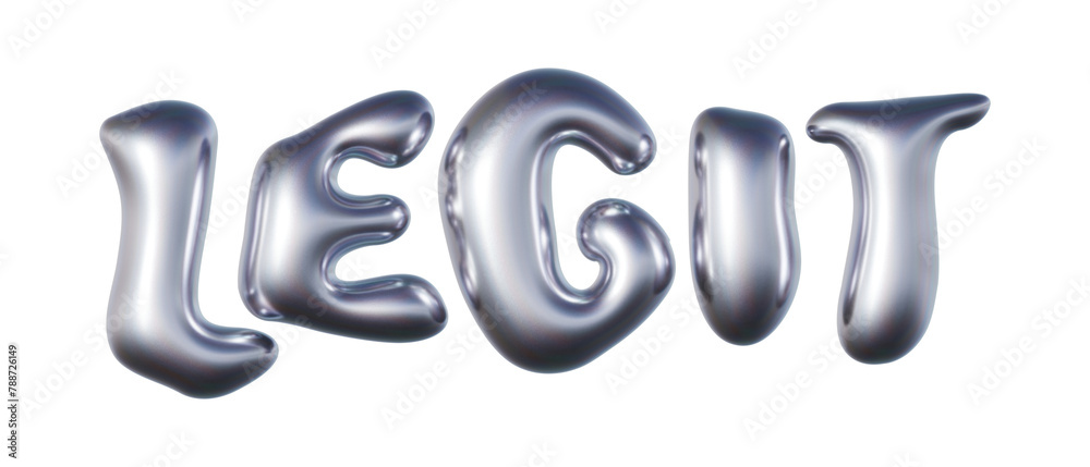 Word Legit written in three-dimensional Y2K glossy chrome blob lettering isolated on transparent background. 3D rendering Word Legit written in three-dimensional Y2K glossy chrome blob lettering isolated on transparent background. 3D rendering