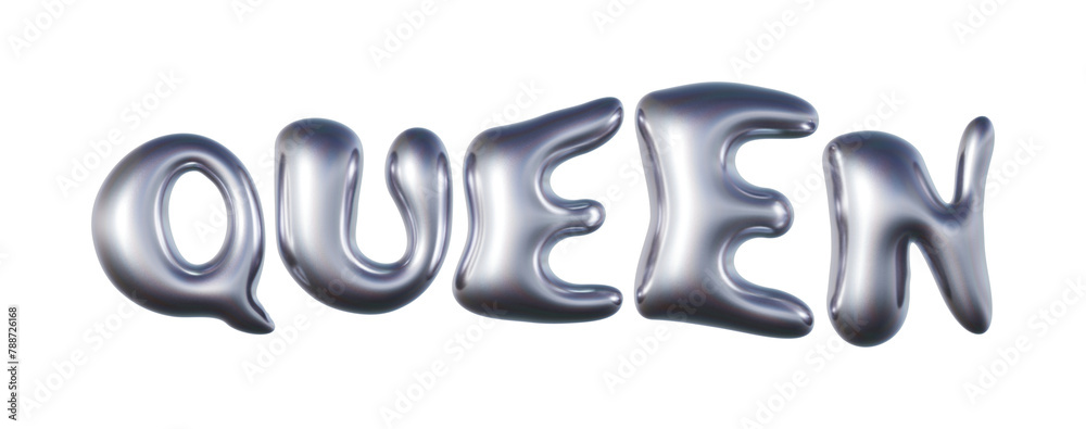 Word Queen written in three-dimensional Y2K glossy chrome blob lettering isolated on transparent background. 3D rendering Word Queen written in three-dimensional Y2K glossy chrome blob lettering isolated on transparent background. 3D rendering