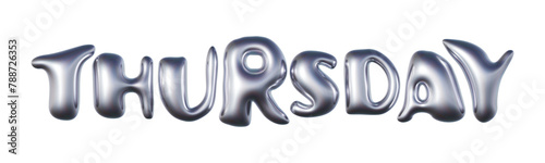 Thursday written in three-dimensional Y2K glossy chrome blob lettering isolated on transparent background. 3D rendering photo