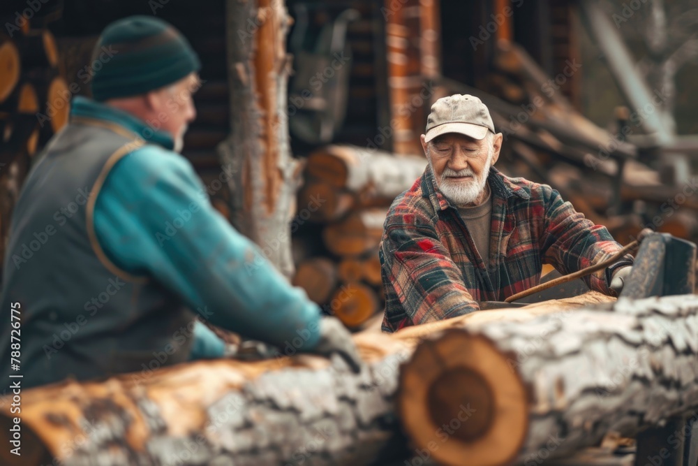 Multi generation men loading logs onto truck on farm