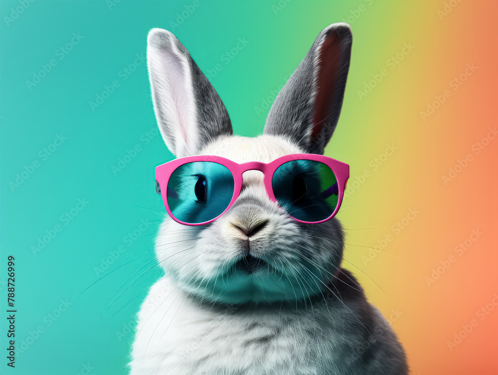 A rabbit wearing sunglasses and standing on a wall. The rabbit is wearing a pair of yellow sunglasses and he is posing for a photo. The wall behind the rabbit is painted in bright colors