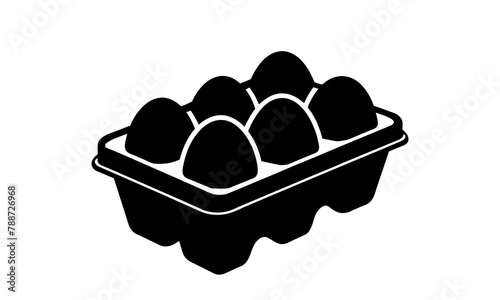 Silhouette of egg carton with eggs. Black and white egg box graphic illustration. Icon, sign, pictogram. Concept of food storage, kitchen essentials, grocery items. Isolated on white background