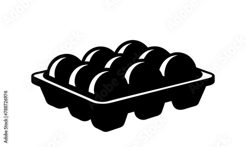 Silhouette of egg carton with eggs. Black and white egg box graphic illustration. Icon, sign, pictogram. Concept of food storage, kitchen essentials, grocery items. Isolated on white surface