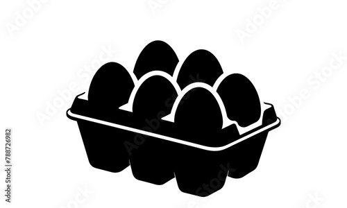 Egg carton with eggs. Black silhouette. Black and white egg box graphic illustration. Icon, sign, pictogram. Concept of food storage, kitchen essentials, grocery items. Isolated on white backdrop