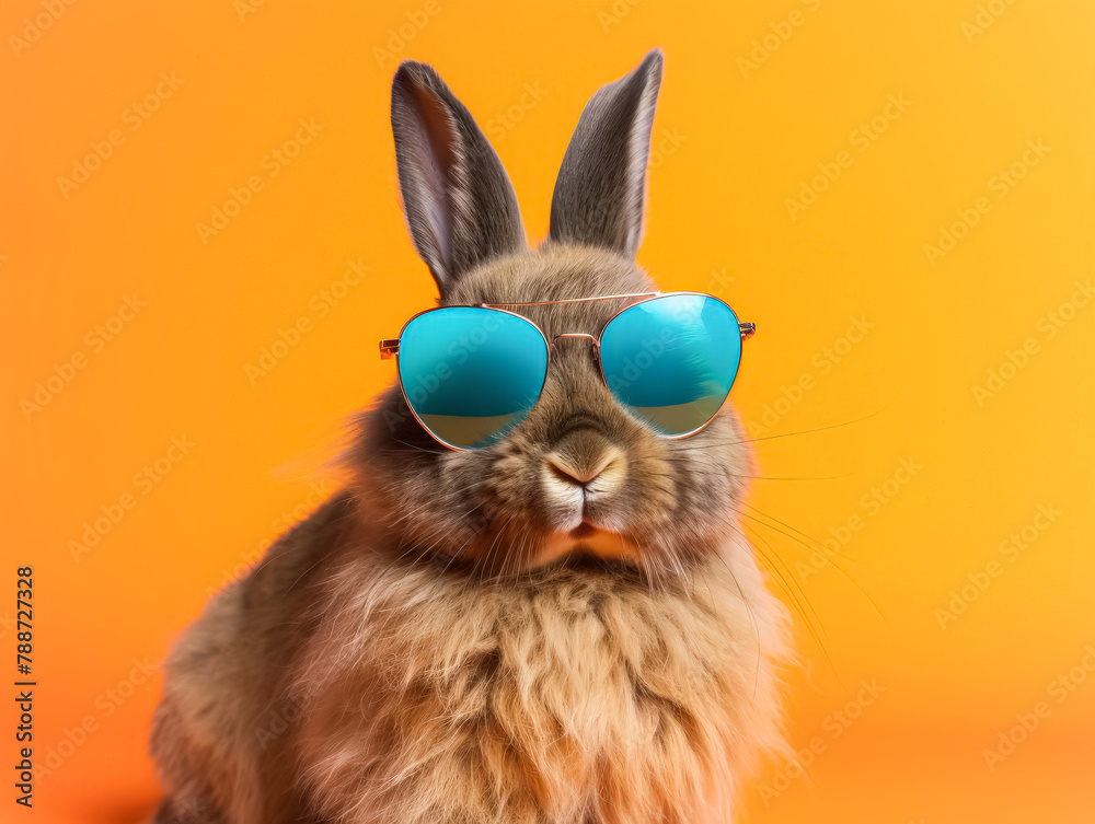 A rabbit wearing sunglasses and standing on a wall. The rabbit is wearing a pair of yellow sunglasses and he is posing for a photo. The wall behind the rabbit is painted in bright colors