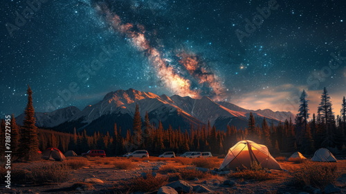 Tent in Field Under Starry Night Sky photo