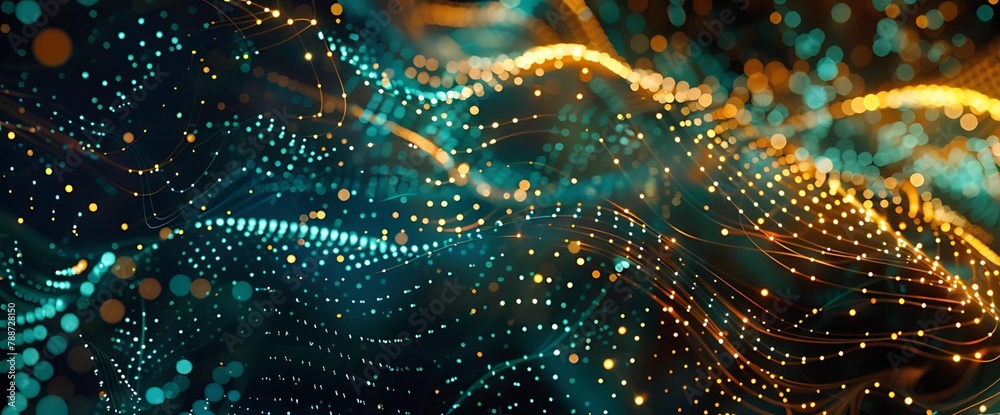Abstract background with green blue waves and gold particles. Christmas Golden light shines glitters on a dark background. Holiday concept. Digital fiber optic cable concept.