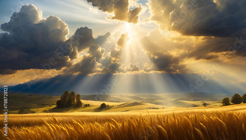 golden clouds parting with radiant sunbeams, evoking serenity and spiritual enlightenment
